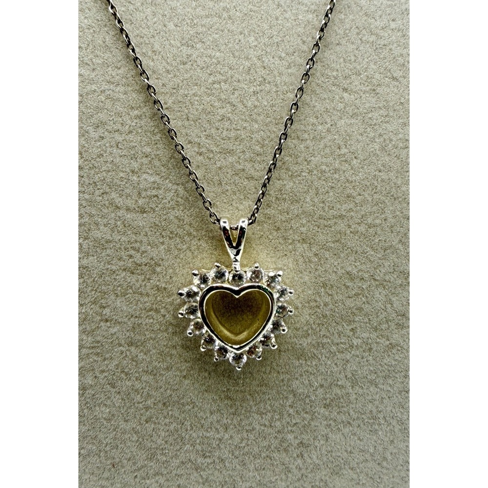 925 Italy Sterling Silver Two Tone Open Heart CZ Halo Necklace 18" Dainty